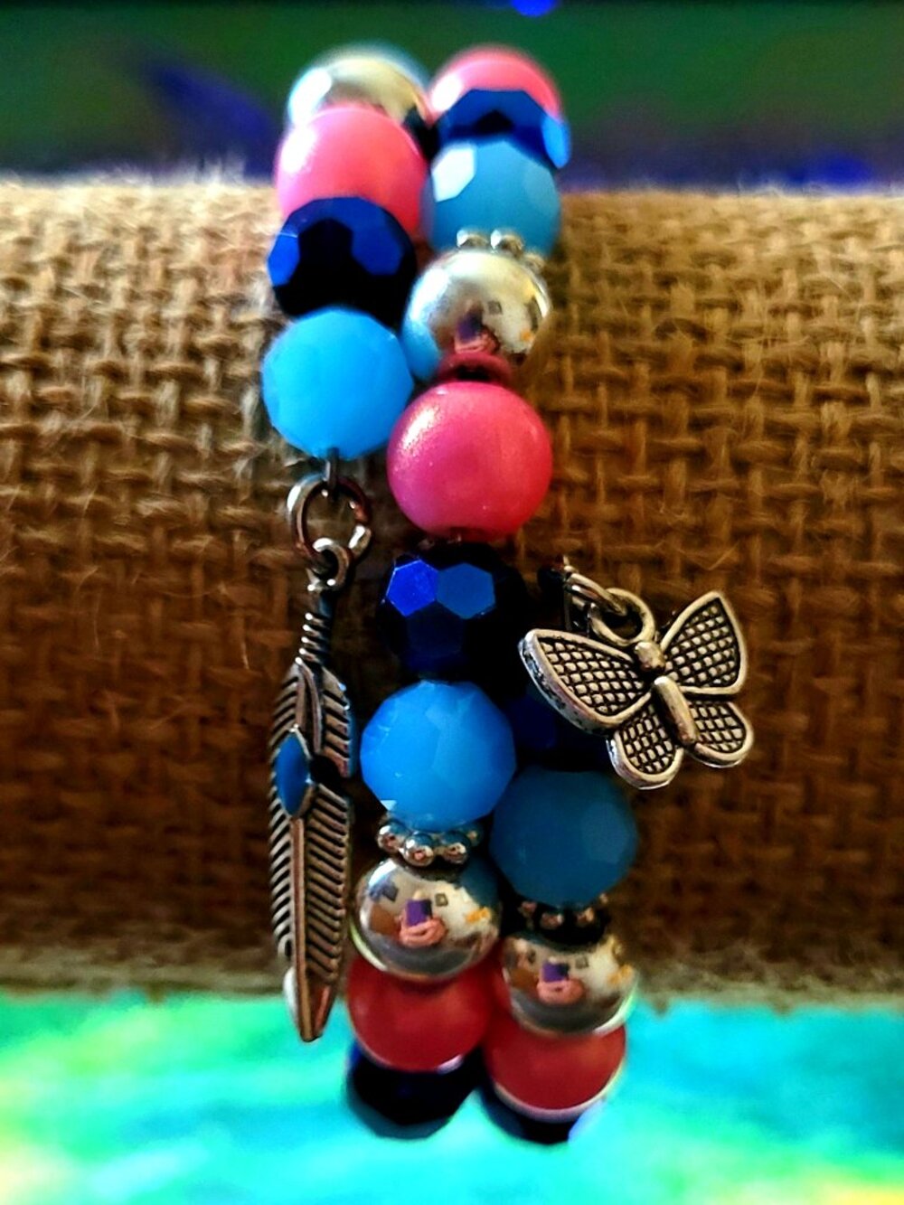 Silver Dark and Light Blue Pink with Silver Dividers Wrist Wrap